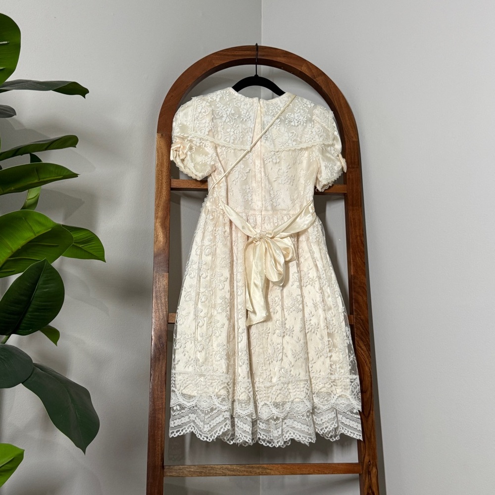 Jessica McClintock Vintage 80s Girls 6X Cream Pink Lace Dress USA Made - Picture 3 of 9